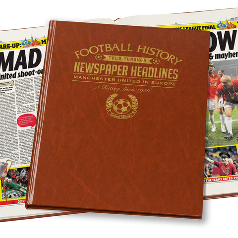 Manchester Utd in Europe Newspaper Book - Brown Leatherette (Colour Pages)