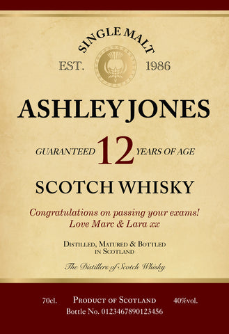 Any Occasion Labels for 12 Year Old Malt Whisky