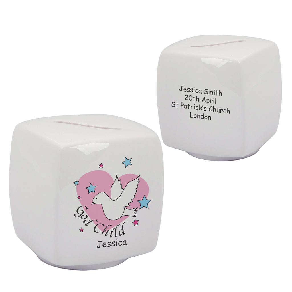Dove & Hearts Pink Godchild Bone China Moneybox