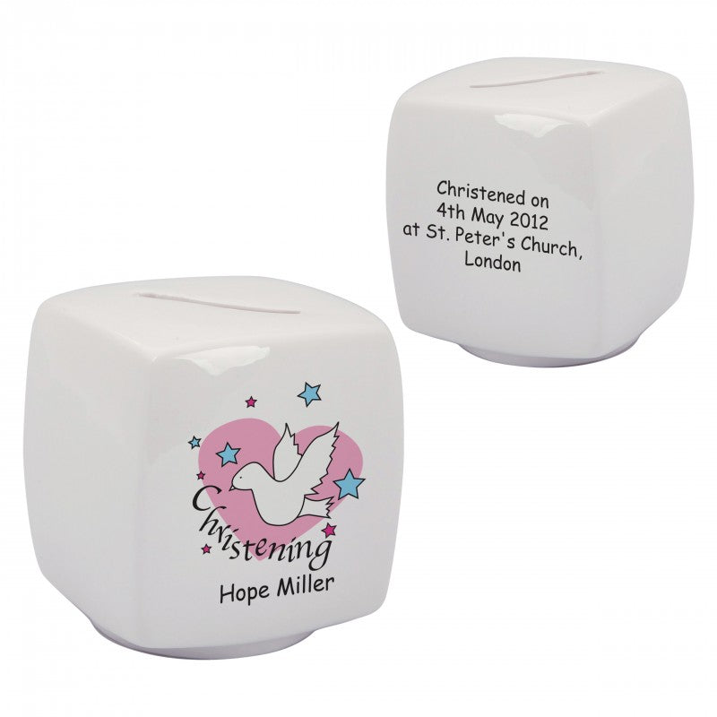 Dove & Hearts Pink Christening Bone China Moneybox