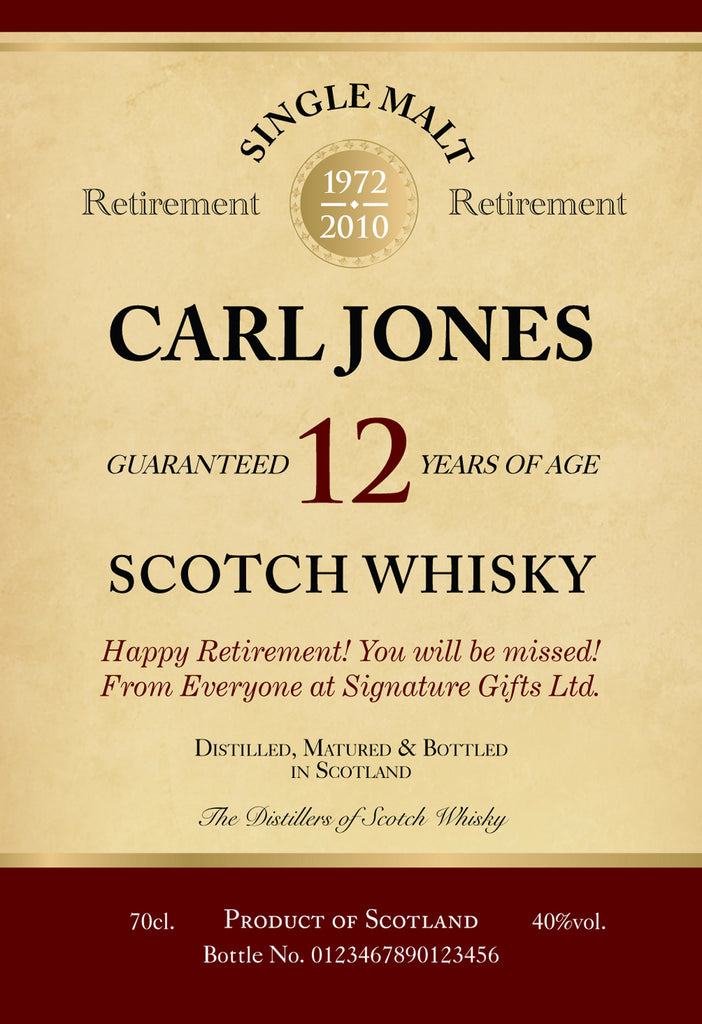 Retirement Labels for 12 Year Old Malt Whisky (Pack of 12)