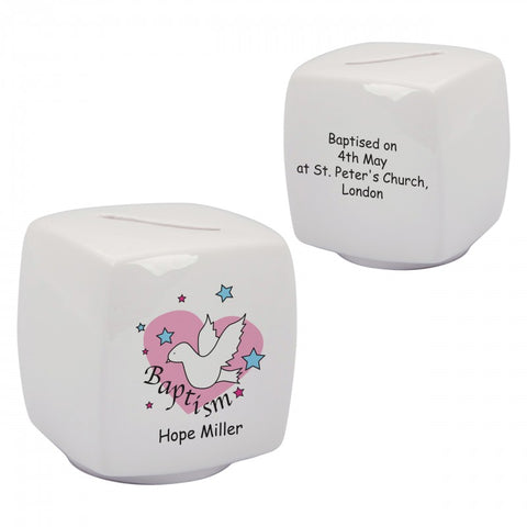 Dove & Hearts Pink Baptism Bone China Moneybox
