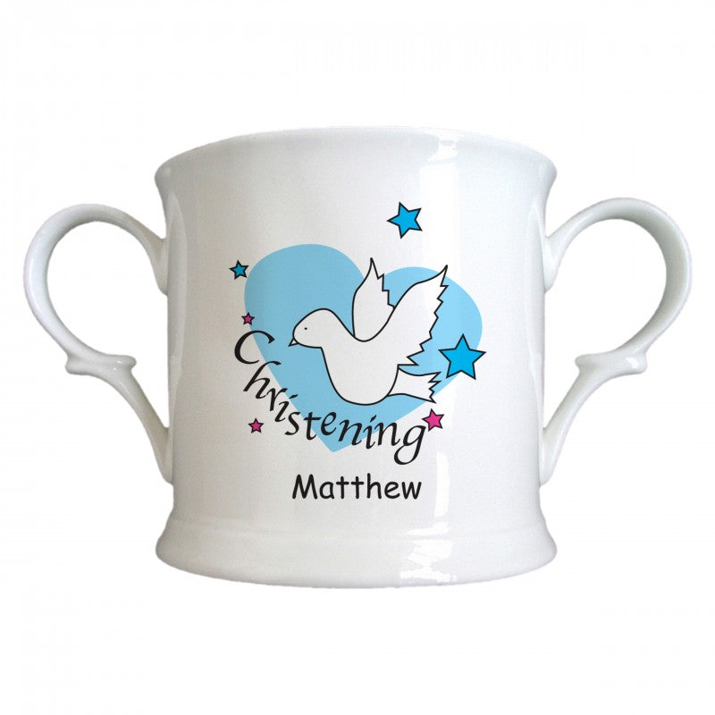 Dove & Hearts Blue Christening China Loving Cup