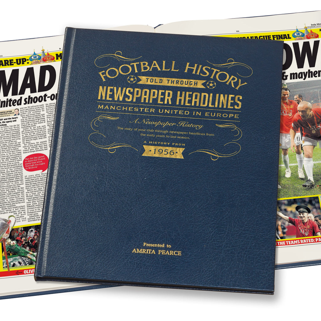 Manchester Utd in Europe Newspaper Book Leather Blue Cover