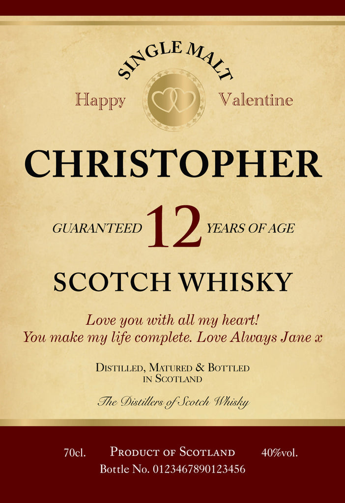 Valentine Labels for 12 Year Old Malt Whisky (Pack of 2)