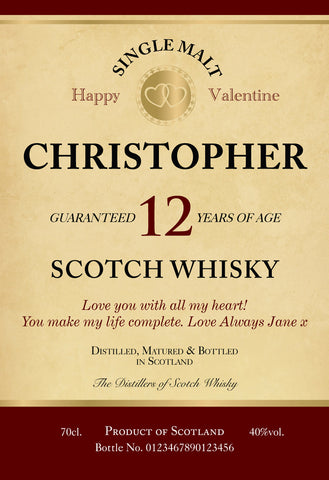 Valentine Labels for 12 Year Old Malt Whisky (Pack of 2)