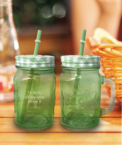 Personalised Green Coloured Mason Jar with Straw