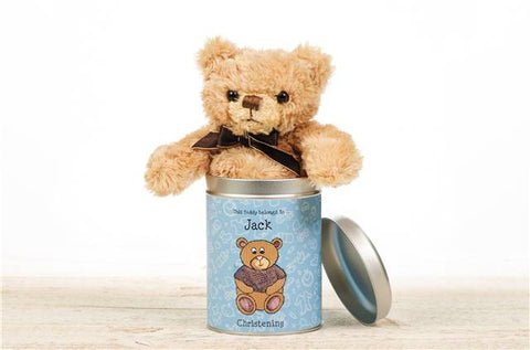 Personalised Christening Teddy in a tin-for boys