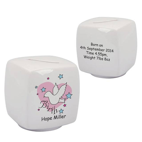 Dove & Hearts Pink Birth Bone China Moneybox