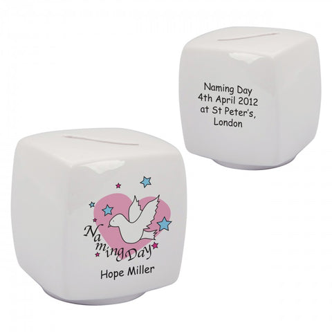 Dove & Hearts Pink Naming Day Bone China Moneybox
