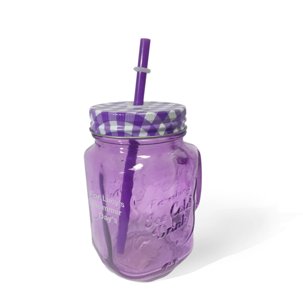 Personalised Purple Coloured Mason Jar with Straw