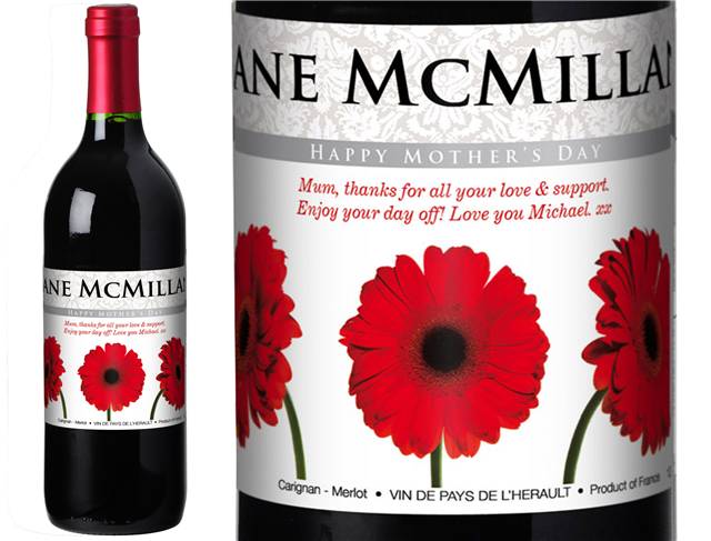 Mother's Day Gerberas Personalised Red Wine