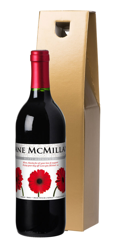 French AC Mother's Day Gerberas Red Wine in a Gold Box