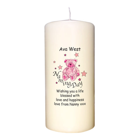 Teddy & Stars Pink Naming Day Candle