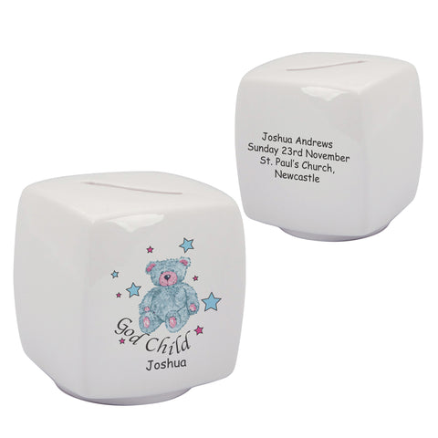 Teddy & Stars Blue Godchild Bone China Moneybox