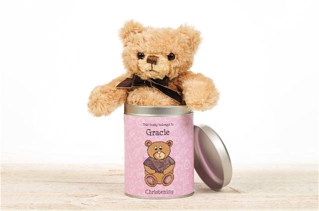 Personalised Christening Teddy in a tin-for girls