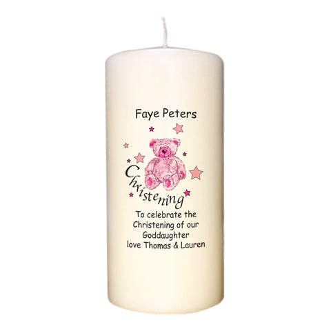 Teddy & Stars Pink Christening Candle