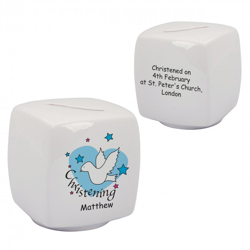 Dove & Hearts Blue Christening Bone China Moneybox