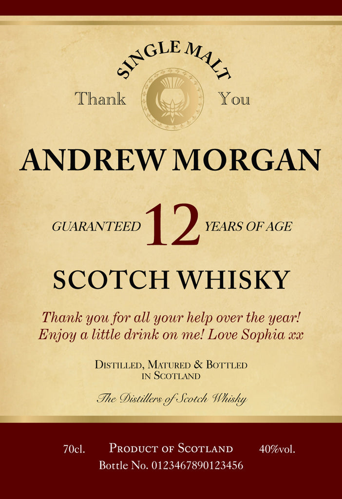Thank You Labels for 12 Year Old Malt Whisky (Pack of 2)