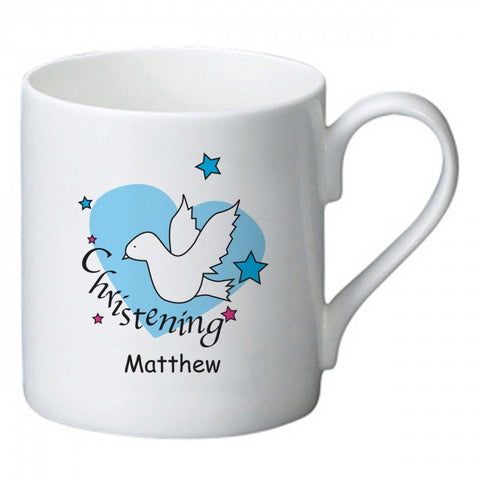 Dove & Hearts Blue Christening Bone China Mug