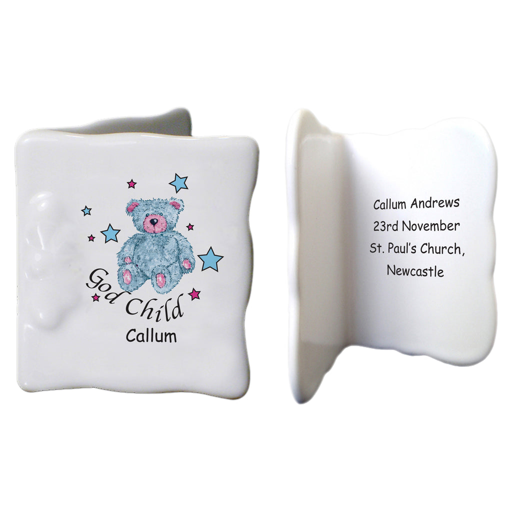 Teddy & Stars Blue Godchild Bone China Message Card
