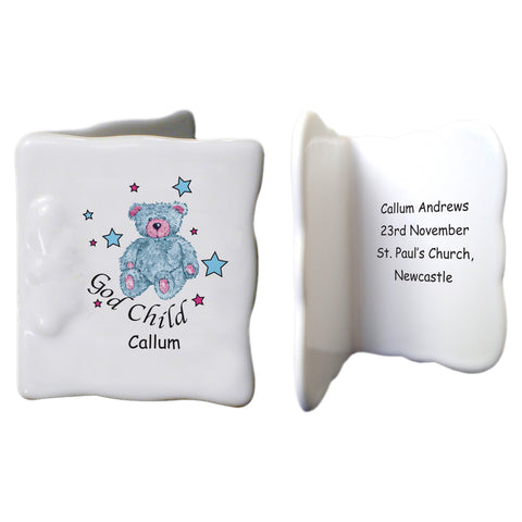 Teddy & Stars Blue Godchild Bone China Message Card