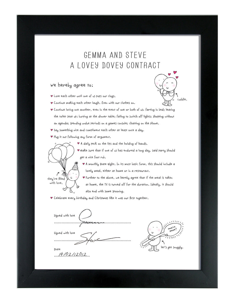 Chilli & Bubble's Lovey Dovey Contracts in a Black Frame
