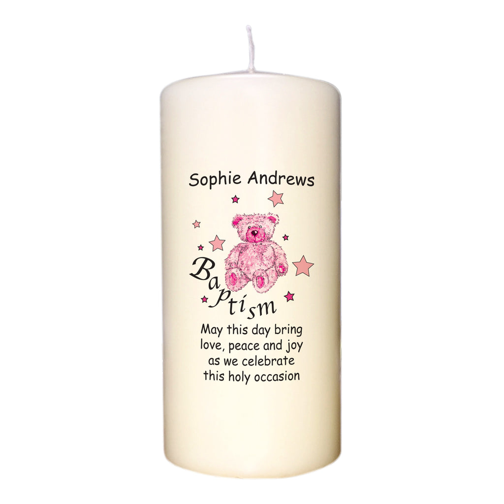 Teddy & Stars Pink Baptism Candle