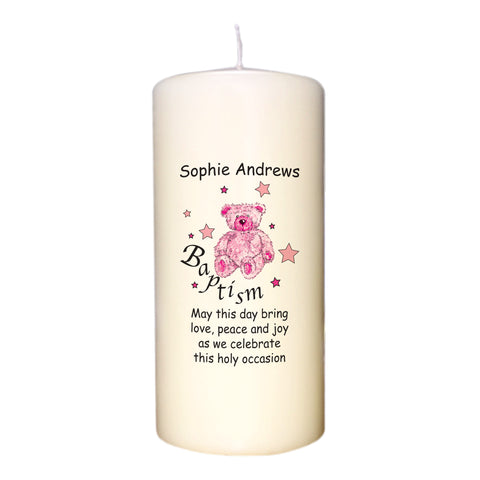 Teddy & Stars Pink Baptism Candle
